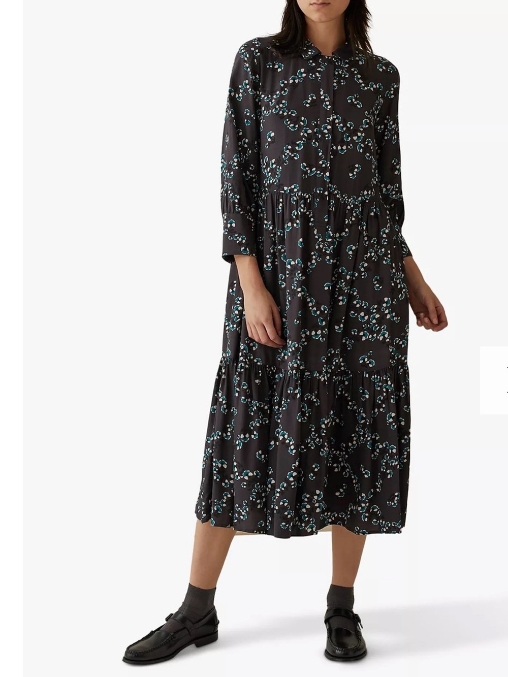 TOAST Ume Floral Print Shirt Midi Loose Fit Dress Steel Sz UK 16 US 12